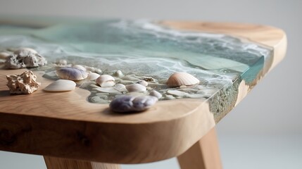 Sea Shells Decorated Wooden Table with Ocean Waves and Natural Elements