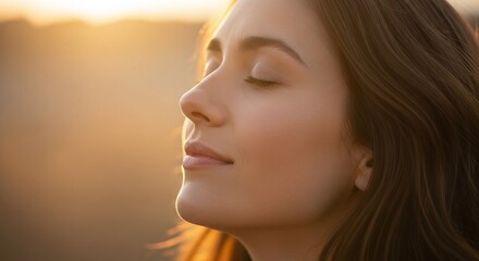 Close up profile of a young woman with eyes closed bathed in warm golden hour sunlight serene and peaceful expression