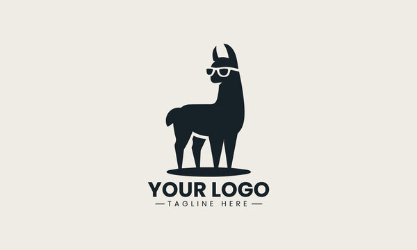Cool llama wearing stylish sunglasses in a trendy and playful black vector logo design, conveying a fun and hip brand identity