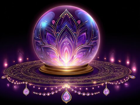 Mystical violet crystal orb with golden mandala base and glowing lotus pattern, symbolizing enlightenment, divination, and the harmony of cosmic energy