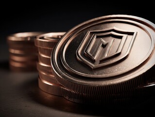 Bronze coins embossed with shield emblem under warm light, symbolizing strength, security, and the timeless value of honor and earned prosperity