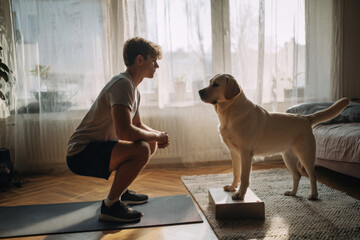 A young man is engaging in squats on a yoga mat, with his Labrador dog standing on a small platform next to him, promoting fitness and companionship in a home setting