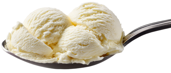 A close-up view of three scoops of creamy vanilla ice cream nestled in a shiny metal spoon, set against a clean white background, ideal for dessert-themed culinary articles or advertisements