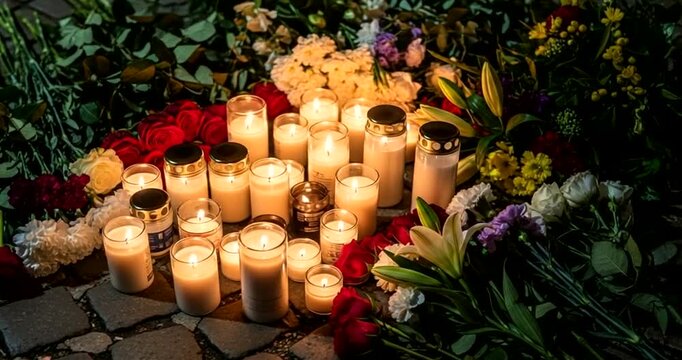 Memorial with candles and flowers on cobblestone street at night
