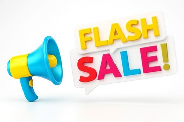 Brightly colored megaphone announcing a flash sale with bold eye catching text on a white background