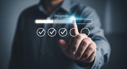 Person touching progress bar and checklist with checkmarks loading completion