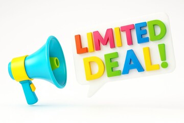 Brightly colored plastic letters spell out limited deal next to a teal and yellow toy megaphone on a white background