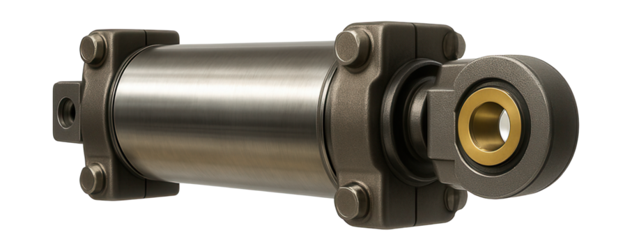 Robust pneumatic cylinder with cushioned end, designed for construction machinery.