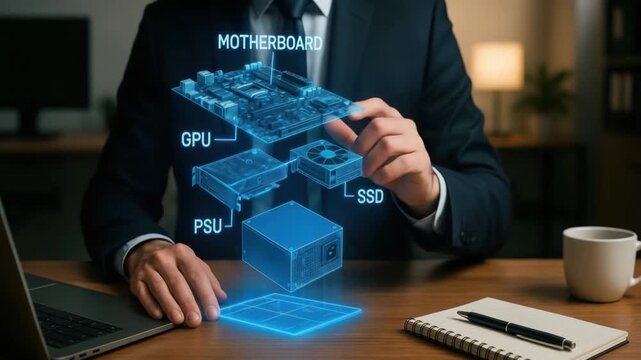 Holographic Interaction with Computer Components Exploring Motherboard, GPU, PSU, and SSD Technology in Modern Office Environment