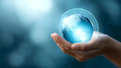 Hand holding glowing blue digital Earth defocused data network, faceless futuristic technology, global visualization detail, blurred abstract background, world map concept, technol - Powered by Adobe