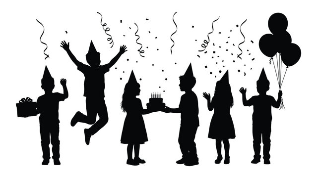 Children's birthday party silhouettes isolated on white background, Vector