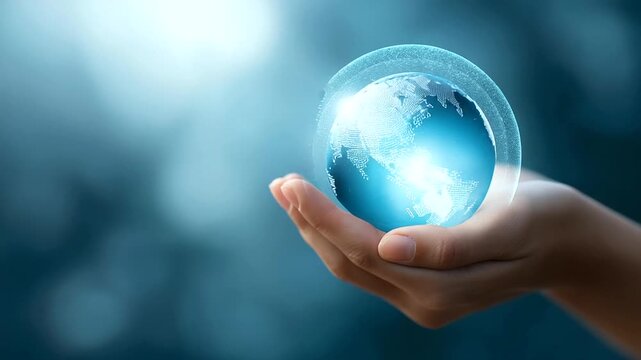 Hand holding glowing blue digital Earth defocused data network, faceless futuristic technology, global visualization detail, blurred abstract background, world map concept, technol - Powered by Adobe