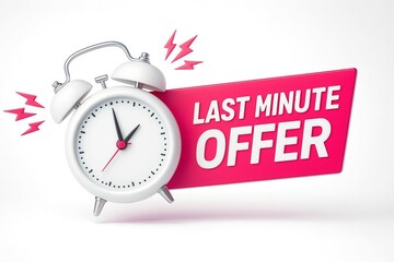 Retro alarm clock ringing with a bright pink banner announcing a last minute offer and limited time sale