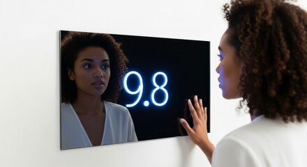 Woman touching smart mirror displaying high beauty score. Robotic beauty concept for advanced skin care and futuristic cosmetology.
