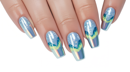 Elegant blue gradient manicure with green accents and abstract pattern on long nails,
Trendy iridescent nail design featuring wavy lines and sky-inspired art,
Modern aurora-themed manicure 