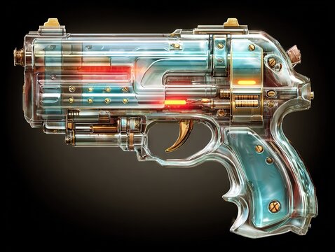 Futuristic transparent plasma pistol glowing with orange and teal energy, symbolizing innovation, craftsmanship, and the artistry of sci-fi weaponry