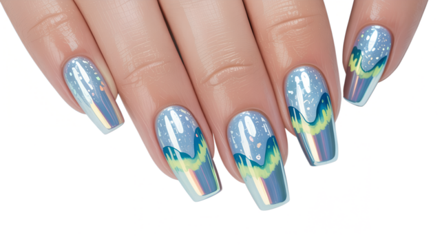 Elegant blue gradient manicure with green accents and abstract pattern on long nails,
Trendy iridescent nail design featuring wavy lines and sky-inspired art,
Modern aurora-themed manicure 