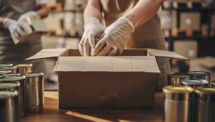 Volunteers packing canned food into donation boxes at community food bank, close-up with gloves