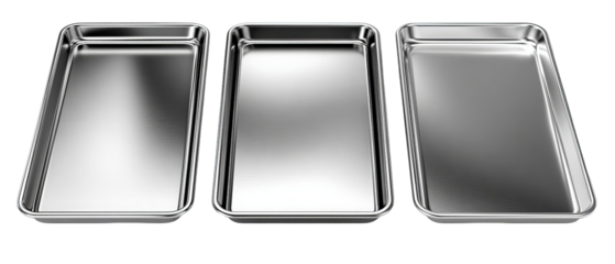 Three shiny stainless steel trays of varying sizes are arranged side by side against a plain background, showcasing their reflective surfaces, ideal for culinary or commercial use
