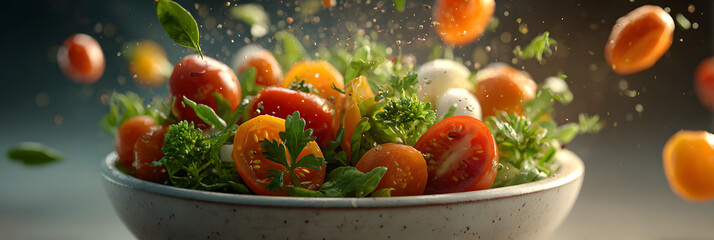 A bright salad of greens, tomatoes, and carrots in a white bowl, with ingredients artistically scattered mid-air.