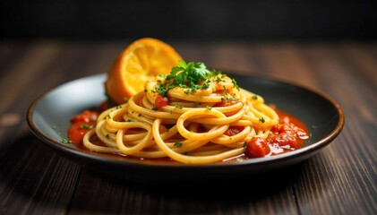 Fototapeta premium Overhead view of a diner style spaghetti entree with a side of garlic bread on a dark wooden surface. An overhead, top down view of a diner style plate of spaghetti, with a generous portion of golden