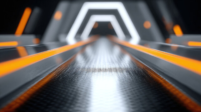 A futuristic tunnel with neon lights that exudes an exciting and technologically advanced feel. The tunnel has a metallic texture, and geometric shapes.