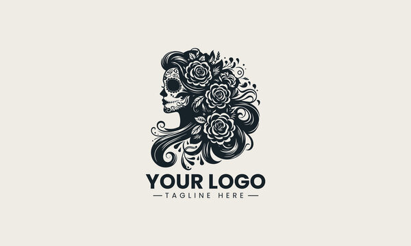 Elegant sugar skull woman with intricate facial patterns and a beautiful rose in her hair, depicted in a black vector logo style