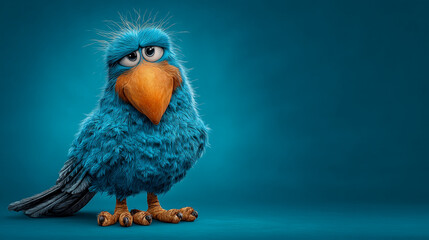 A cartoonish blue bird with an orange beak standing against a solid blue background looking grumpy