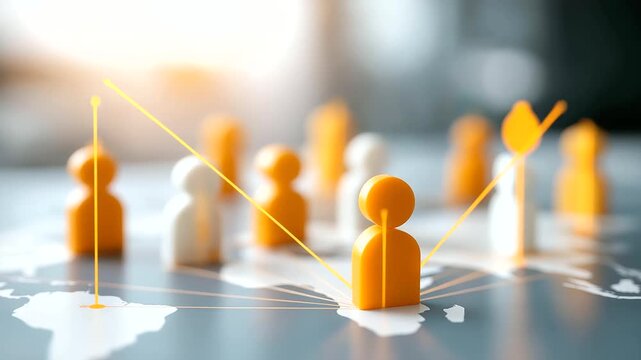 Orange and white people icons on defocused world map, faceless global network, connection visualization detail, blurred geographical background, international community concept, so