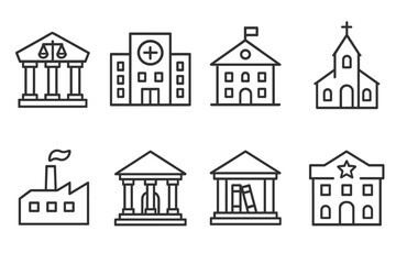 Institution Line Icons. Line style icons of Institutions: Courthouse, Hospital, University, Church, Factory, Bank, Library, Police