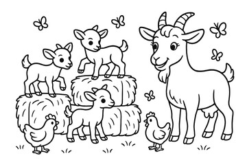 Obraz premium Goat Kids Climbing. Curious goat kids climbing on hay bales while their mother goat smiles nearby, with chickens and butterflies