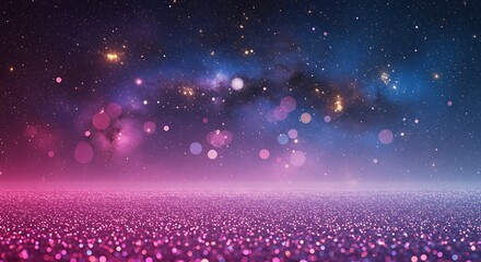 Enchanting cosmic vista featuring a glittercovered ground reflecting a nebulafilled night sky with distant stars and bokeh