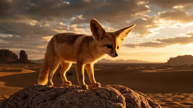 Adorable Fennec Fox Standing on a Rock in the Desert at Sunset.