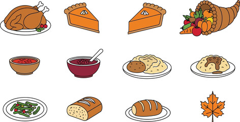 Thanksgiving dinner food set with turkey and pie