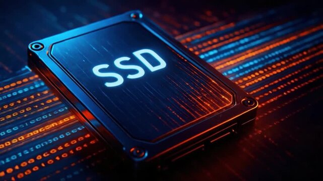 High Speed SSD Storage Technology Showcasing Digital Innovation with Glowing Data Lines and Vibrant Electronics for Enhanced Data Transfer