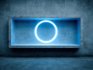 Minimalist concrete alcove illuminated by a glowing blue neon circle, symbolizing infinity, balance, and the harmony of geometric abstraction