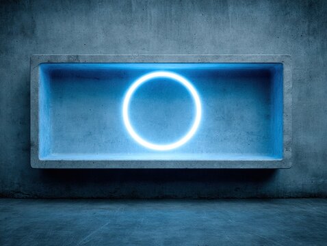 Minimalist concrete alcove illuminated by a glowing blue neon circle, symbolizing infinity, balance, and the harmony of geometric abstraction