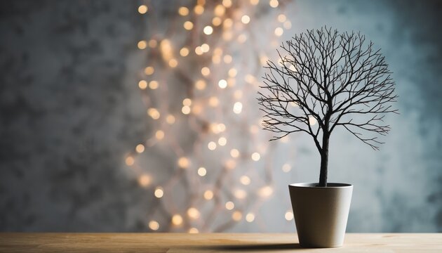 Minimal Decorative Tree in Pot with Warm Bokeh Lights — Festive Modern Home Decor
