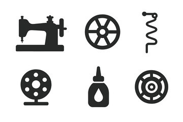 Obraz premium Antique Sewing Icons. Line style icons of Antique Restoration: vintage sewing machine, wheel crank, thread path, bobbin winder,