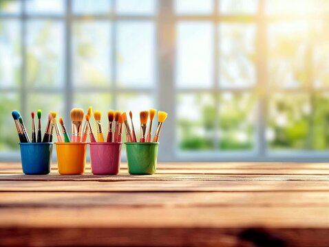 Paintbrushes are arranged in four colorful cups on a wooden surface, with a bright, sunlit window and greenery visible in the background. - Powered by Adobe