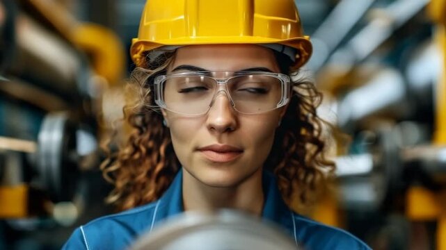 Woman worker wearing yellow hard hat and safety glasses stands in industrial setting focused on workplace safety.