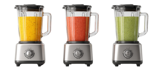 Three modern blenders filled with vibrant smoothies in yellow, red, and green colors, showcasing their sleek design against a neutral background, ideal for kitchen appliance advertising