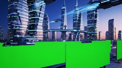 Futuristic cityscape with towering skyscrapers and flying vehicles featuring a prominent green screen area in the foreground for custom content insertion ideal for scifi and technology themes.