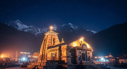 Kedarnath Temple illuminated at night with snow-capped mountains