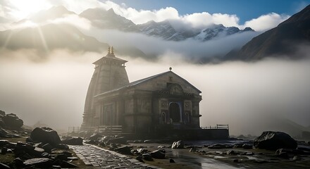 Majestic Temple Amidst Misty Mountains and Sunbeams