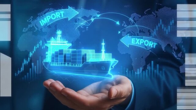 Digital representation of cargo ship with containers against world map, highlighting global import and export logistics in modern trade activities