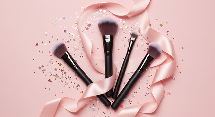 Four makeup brushes arranged with a pink ribbon and sparkling glitter on a pastel pink surface, perfect for beauty and cosmetic content