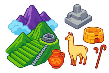 Obraz premium Machu Picchu Icons. Isometric vector illustration set Historical monuments – Machu Picchu terraces, Intihuatana stone, Temple of
