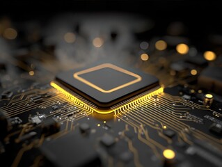 Illuminated microprocessor glowing with amber light, representing digital intelligence, computational precision, and the essence of modern technology