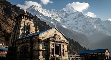 Ancient Temple Amidst Majestic Snow-Capped Mountains